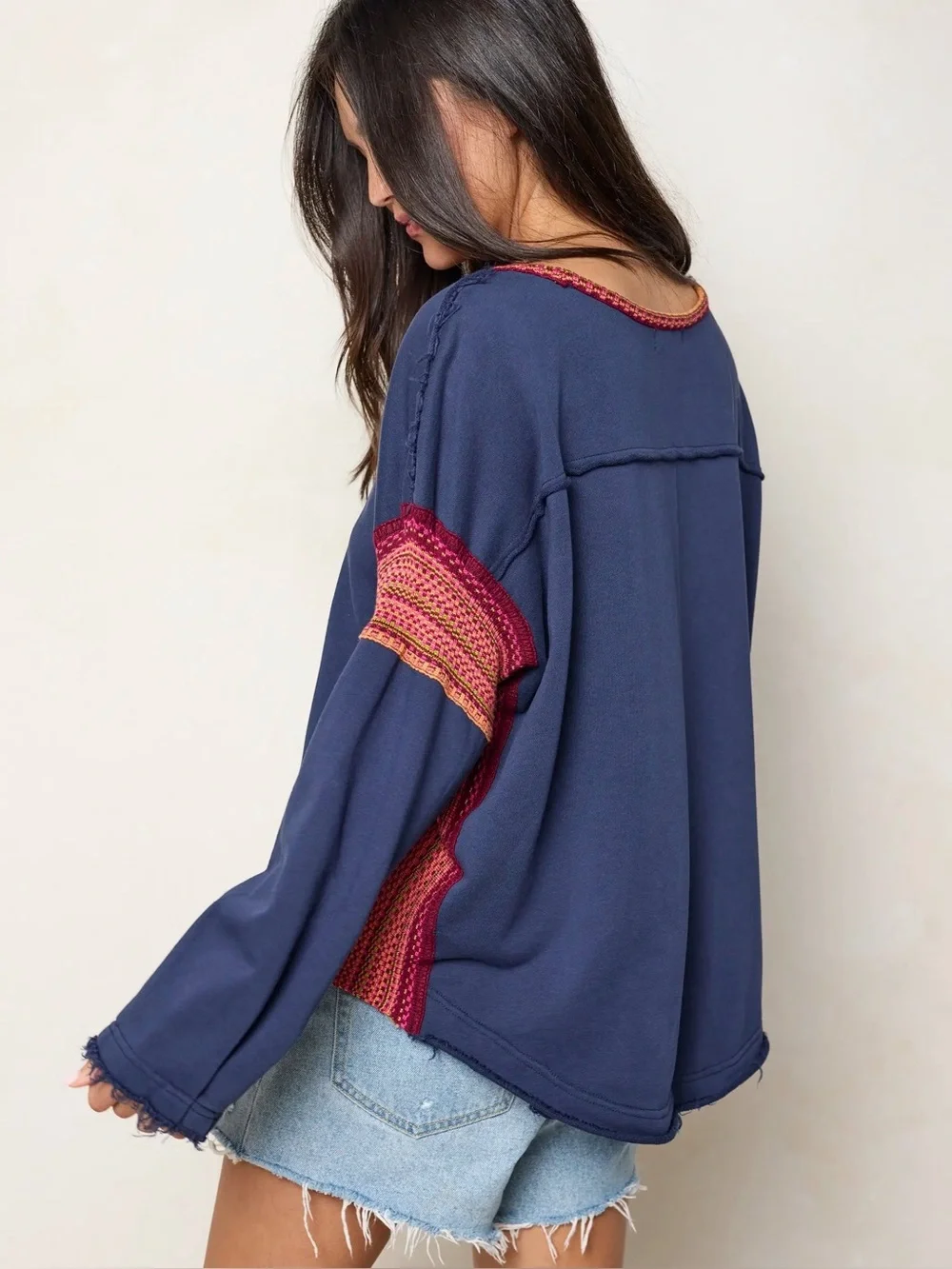 Natural Life Knit Trim Sweatshirt Large / XL navy boho oversized lightweight - Picture 4 of 11